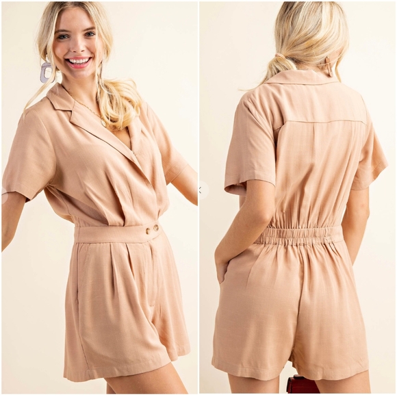 Kori America Taupe Sophisticated Chic Short Sleeves Romper - Picture 9 of 11